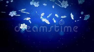 美丽的3d雪花在蓝色<strong>背景</strong>下在空中飞舞。 用作圣诞、<strong>新年贺卡</strong>或冬季动画